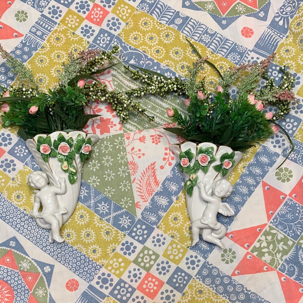 Vintage Dresden Porcelain Floral Cherub Wall Sconce Set - White and Pink - Picture 2 of 16